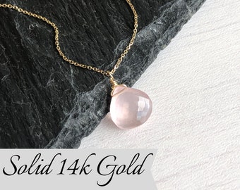 Rose Quartz Necklace, Rose Quartz Teardrop Pendant, Solid 14k Yellow Gold, Pink Layering Necklace in Real Gold, Minimalist Jewelry Gift