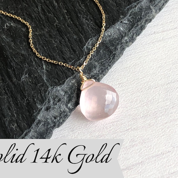 Rose Quartz Necklace, Rose Quartz Teardrop Pendant, Solid 14k Yellow Gold, Pink Layering Necklace in Real Gold, Minimalist Jewelry Gift