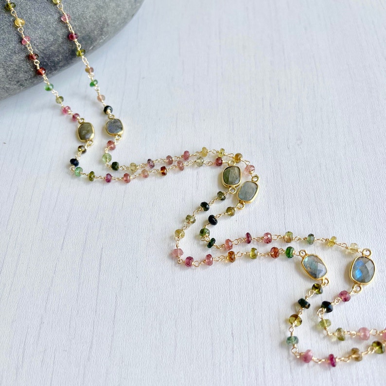 Watermelon Tourmaline Long Beaded Necklace, October Birthstone, Multicolor Gold Layering Necklace, Wire Wrapped Rosary Chain, Mom Wife Gift image 4