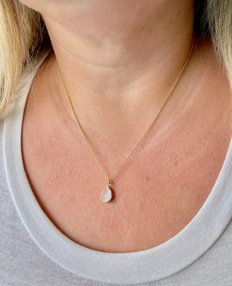 White Druzy Necklace, Geode Crystal Pendant, White Teardrop Necklace, Minimalist Necklace in Gold, Layering Jewelry, Boho Gift for her image 3