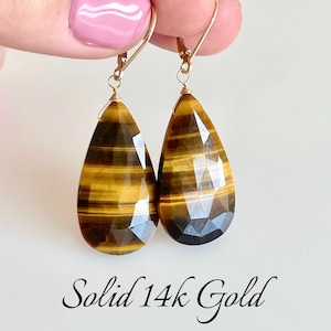 Tiger&#39;s Eye Earrings, Yellow and Brown Solid 14k Gold Teardrop Earrings, Tigers Eye Statement Pointy Drop Earrings, One of a Kind Mom Gift