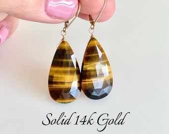 Tiger's Eye Earrings, Yellow and Brown Solid 14k Gold Teardrop Earrings, Tigers Eye Statement Pointy Drop Earrings, One of a Kind Mom Gift