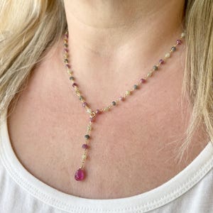 Natural Multicolor Sapphire Necklace, Pink Sapphire Beaded Lariat Y Shape Necklace in Gold Filled, October Birthstone Jewelry Gift for Mom