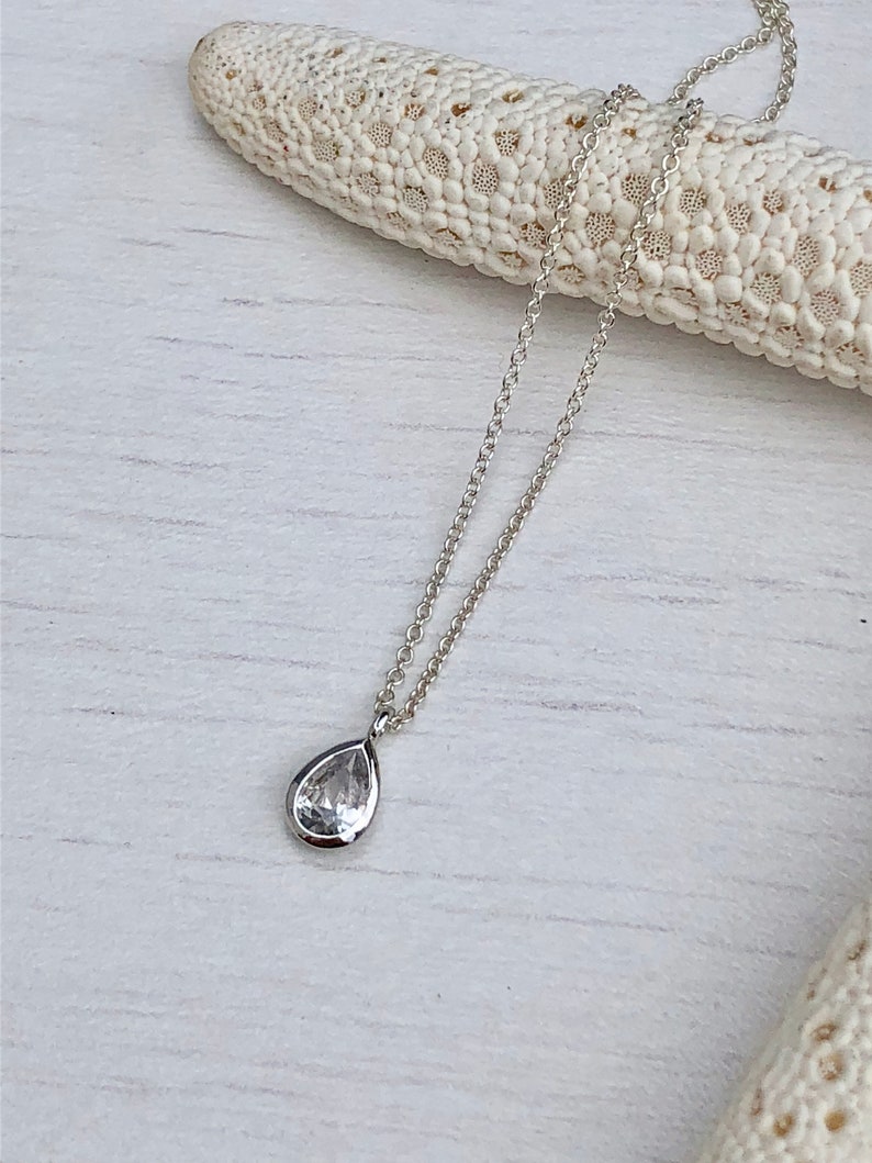 Tiny Drop Minimalist Necklace, Dainty Crystal Quartz Teardrop Pendant, Layering Everyday Jewelry, April's Birthstone, Gift for her, Silver image 7