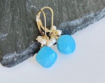 Turquoise and Pearl Earrings, December Birthstone, Blue Turquoise Diamond Shape and White Pearl Small Summer Earrings, Blue Gift for women