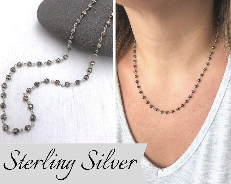 Pyrite Necklace Short Silver Beaded Necklace wire wrapped chain Minimalist Necklace Pyrite Beaded Necklace Rosary style Boho Necklace