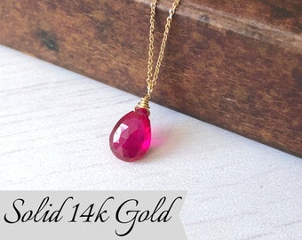 Pink Sapphire Necklace, September Birthstone, Hot Pink Teardrop Pendant, Solid 14k Gold, Pink Jewelry, Real Gold Minimalist Jewelry Gift