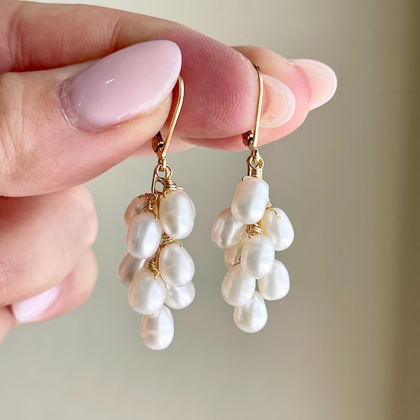 White Pearl Custer Earrings, Freshwater Pearl Statement Earrings in Gold or Silver, Elegant Fine June Birthstone Jewelry Gift for women