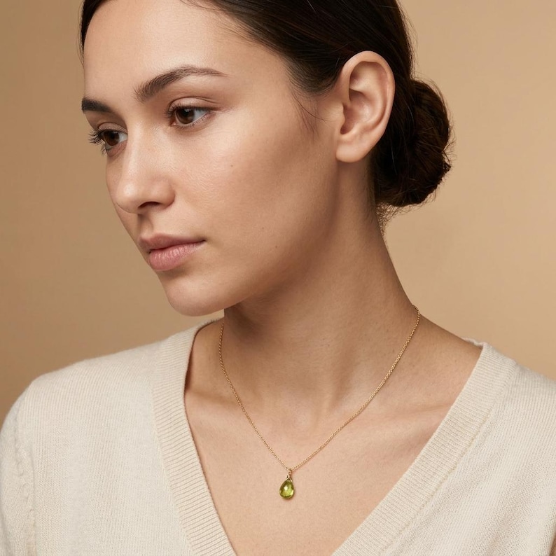 Peridot Necklace, August Birthstone, Green Peridot Pendant, Solid 14k Gold, Peridot Jewelry , Real Gold Necklace, Minimalist Gold Jewelry image 6