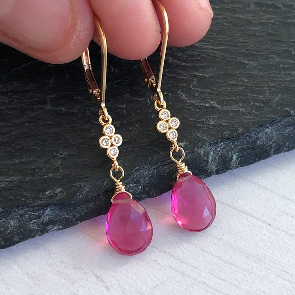 Pink Tourmaline Earrings, Hot Fuchsia Small Teardrop Dangle Earrings, October Birthstone, Gold Hot Pink Minimalist Earrings, Gift for women