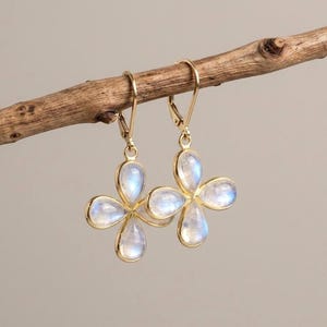 Rainbow Moonstone Flower Earrings, June Birthstone, Flashy Moonstone Clover Bezeled Earrings in Gold or Silver, Summer Light Jewelry for Mom image 1