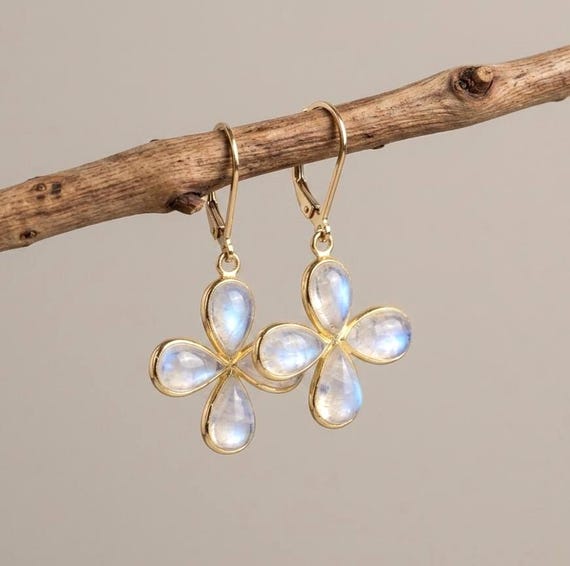 Rainbow Moonstone Flower Earrings, June Birthstone, Flashy Moonstone Clover Bezeled Earrings in Gold or Silver, Summer Light Jewelry for Mom