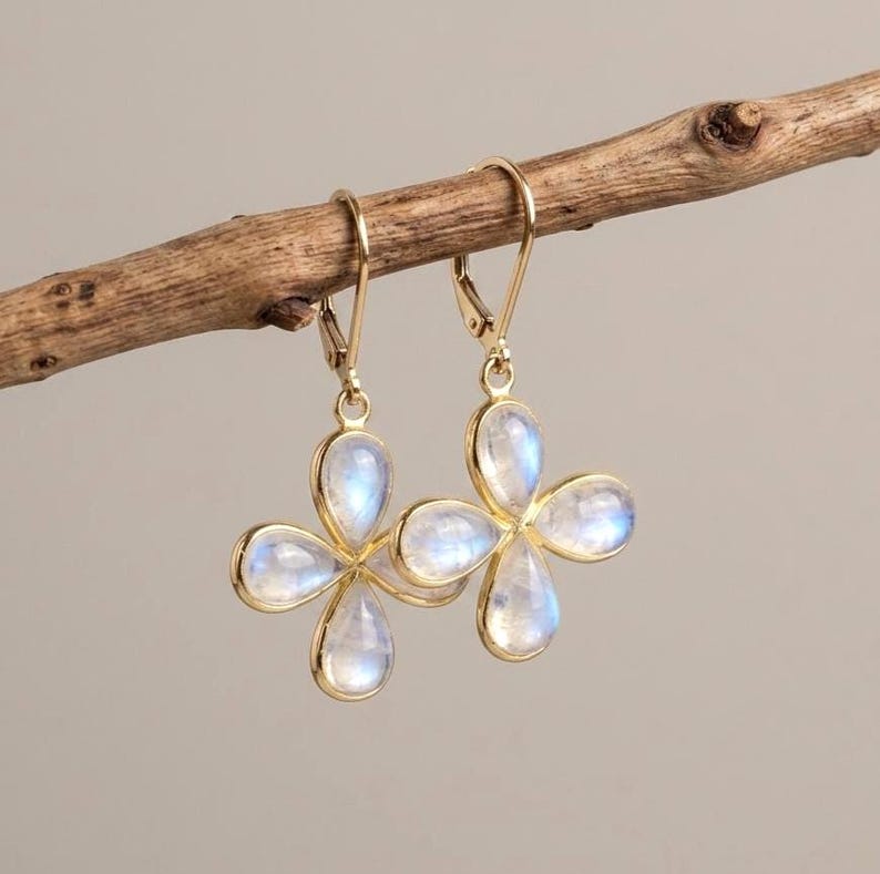 Rainbow Moonstone Flower Earrings, June Birthstone, Flashy Moonstone Clover Bezeled Earrings in Gold or Silver, Summer Light Jewelry for Mom image 1