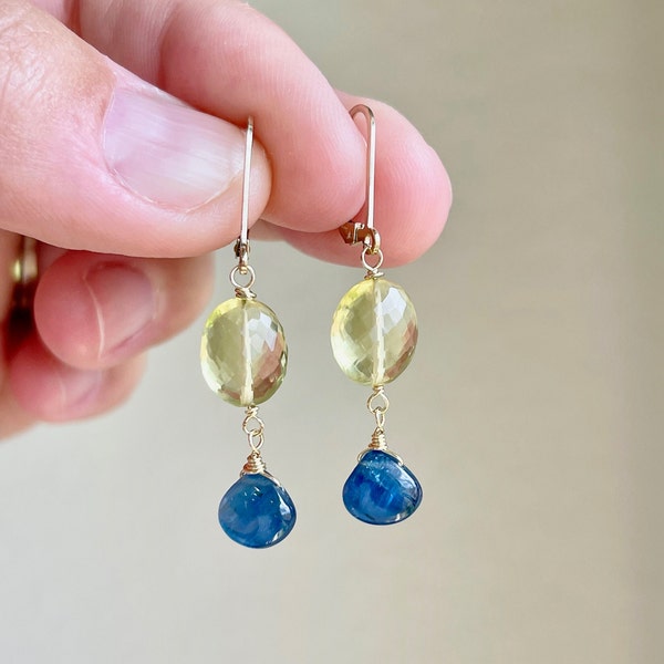 Lemon Topaz and Blue Kyanite Earrings, Yellow and Blue Oval Earring Gold or Silver, November Birthstone Minimalist Jewelry, Gift for women