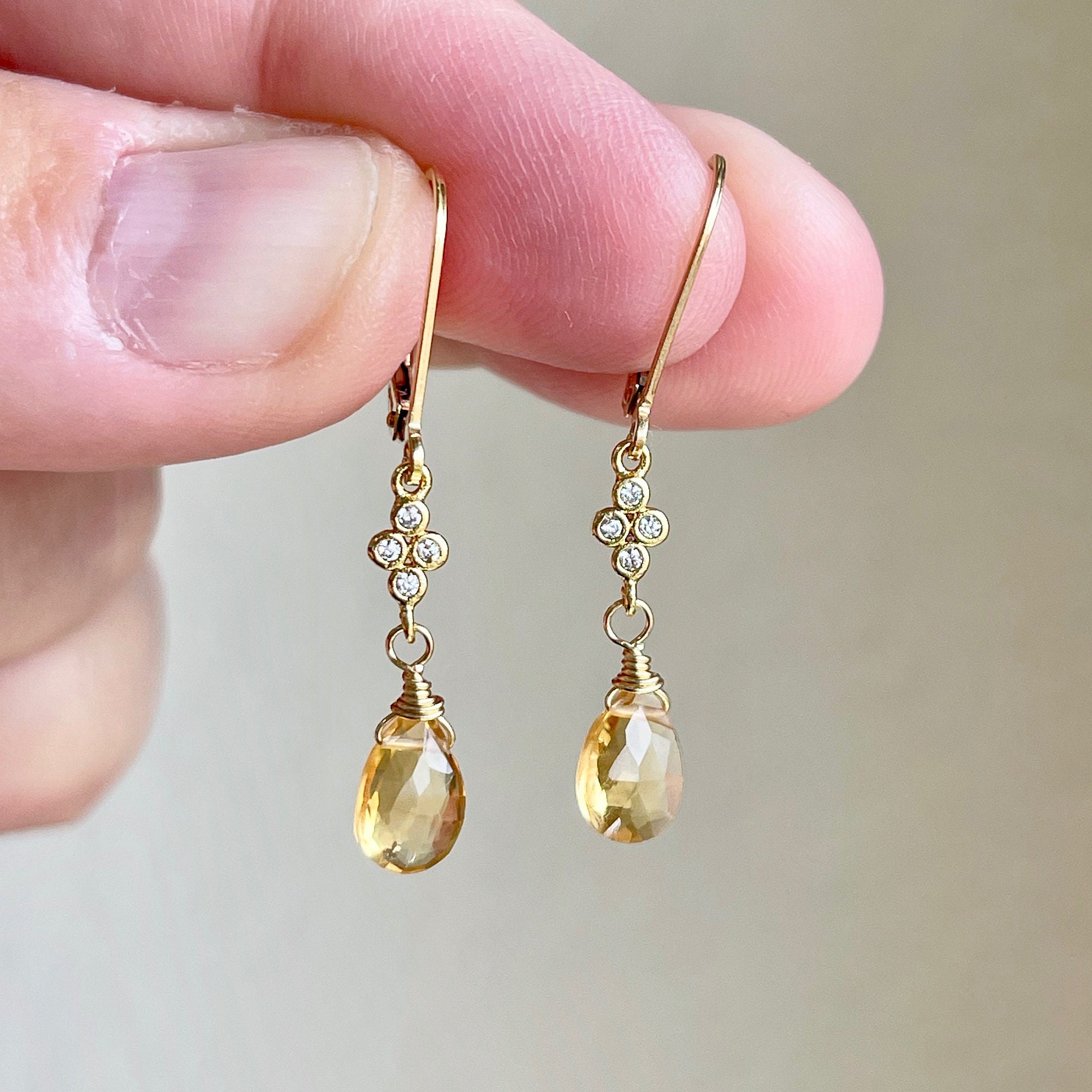 Tai Fine 14k Gold White Topaz Double Drop Earrings