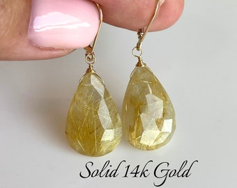 Golden Rutilated Quartz Earrings, Solid 14k Gold Yellow Teardrop Earrings, Golden Statement Pear Shape Earrings, One of a Kind Mom Gift