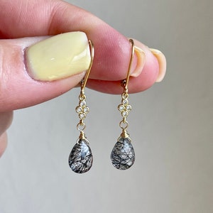 Rutilated Quartz Earrings, Black Tourmalinated Quartz Teardrop Dangle Earrings, Minimalist Earrings Gold or Silver, Tourmaline Jewelry Gift