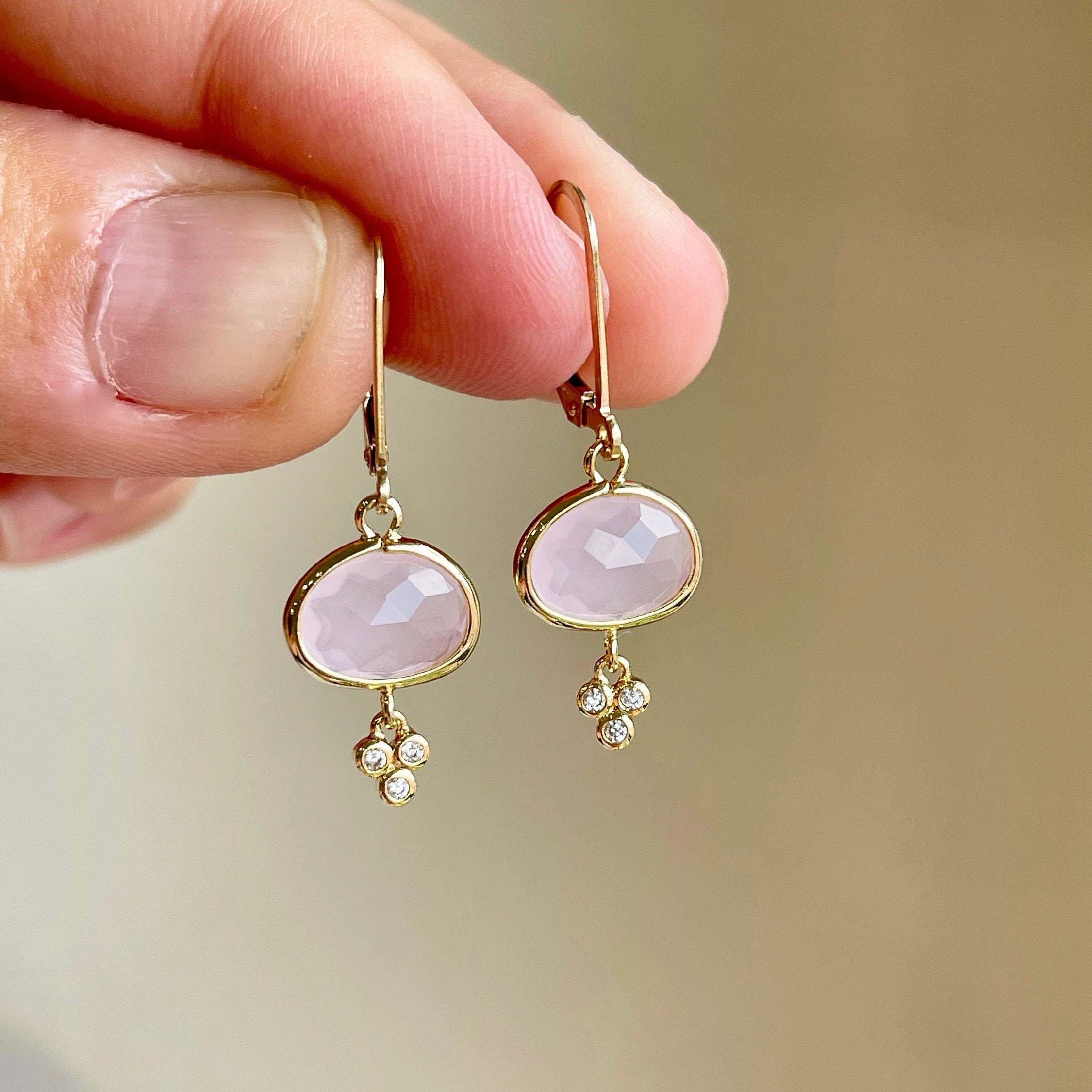 Rose Quartz Earrings, Oval Blush Pink Earrings, Light Pink Dainty Tiny  Dangle Drops Gold or Silver, Unconditional Love, Valentine\'s Day Gift - Etsy