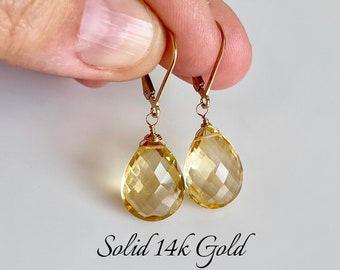 Yellow Topaz Earrings, Yellow Teardrop Statement Earrings in Solid 14k Gold, November Birthstone, Canary Yellow Drops, Mother's Day Gift