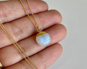 Rainbow Moonstone Necklace, Blue Flash Moonstone Round Pendant, Layering Drop Gold or Silver, Minimalist White Jewelry, Mother's Day Gift