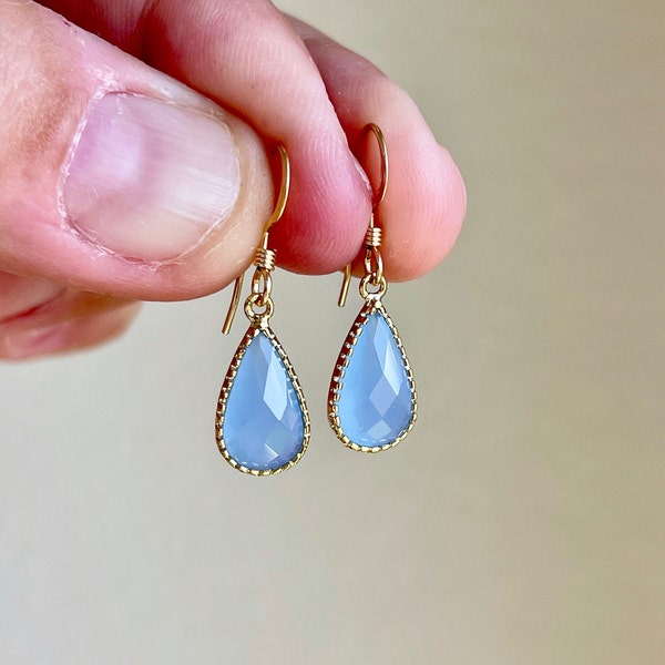 Blue Chalcedony Earrings, Cobalt Blue Teardrop Earrings, Dainty Dangle Drops, Tiny Everyday Silver Earrings, Something Blue, Gift under 30