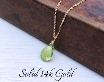 Peridot Necklace, August Birthstone, Green Peridot Pendant, Solid 14k Gold, Peridot Jewelry , Real Gold Necklace, Minimalist Gold Jewelry