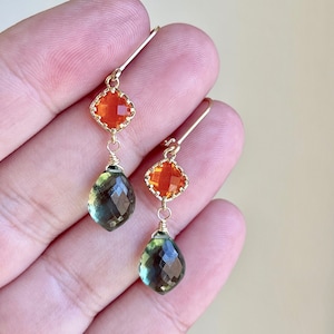 Hessonite Garnet and Green Topaz Earrings, Orange and Green Elongated Statement Earrings in Gold, Dark Green Jewelry, Summer Gift for her