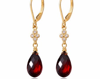Garnet Earrings, January Birthstone, Red Teardrop Dangle Earrings, Minimalist Earrings Gold or Silver, Dainty Garnet Jewelry, Gift for women