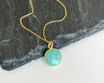 Amazonite Necklace, Aqua Green Round Pendant Bezeled in Gold Filled, Dainty Summer layering Jewelry, Graduation Gift, Mother's day gift