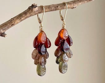 May include: A pair of dangle earrings featuring clusters of teardrop-shaped gemstones in shades of orange, deep red, brown, and olive green. The stones are suspended from gold-toned metal lever-back hooks, creating a cascading, multi-layered effect.
