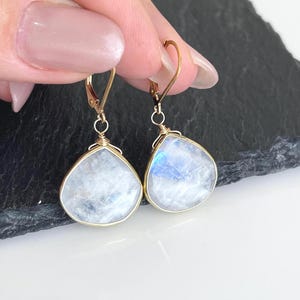 Rainbow Moonstone Earrings, June Birthstone, White Teardrop Earrings Bezeled in Gold, Moonstone Statement Jewelry Light Drops, Gift for her