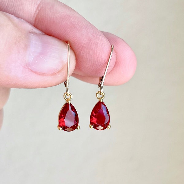 Garnet Earrings, January Birthstone, Tiny Dark Red Teardrop Earrings in Gold or Silver, Pear Shape Drop Earrings, Garnet Jewelry for Women