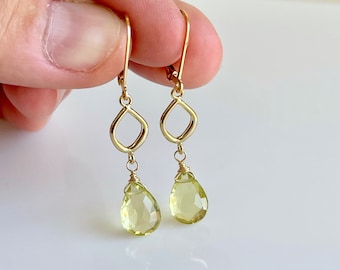 Lemon Topaz Earrings, November Birthstone, Yellow Topaz Teardrop Elongated Earrings in Gold or Silver, Yellow November Gift for women