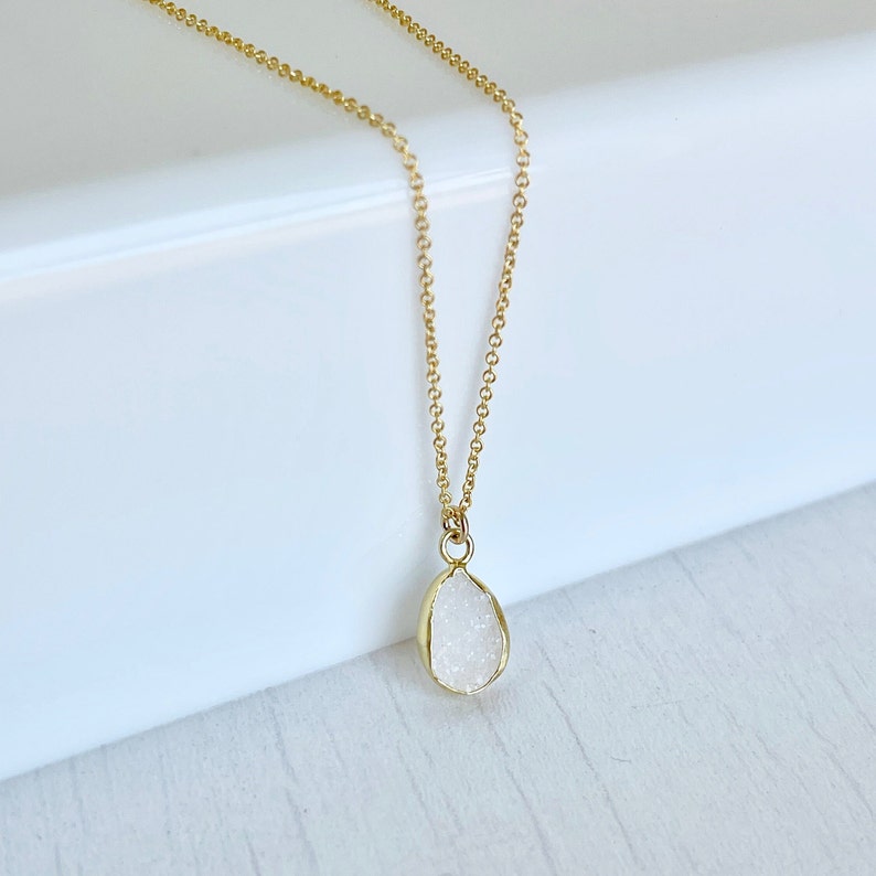 White Druzy Necklace, Geode Crystal Pendant, White Teardrop Necklace, Minimalist Necklace in Gold, Layering Jewelry, Boho Gift for her image 2