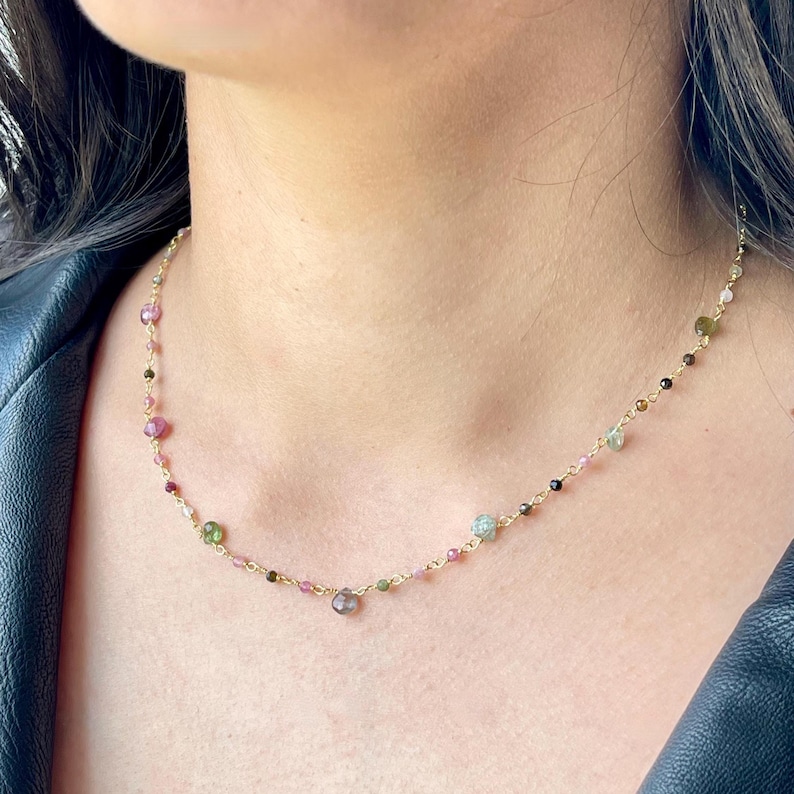 Watermelon Tourmaline Necklace, Multicolor Beaded Choker Gold or Silver, Wire wrapped Dainty Minimalist Necklace, October Birthstone Gift Gold Filled