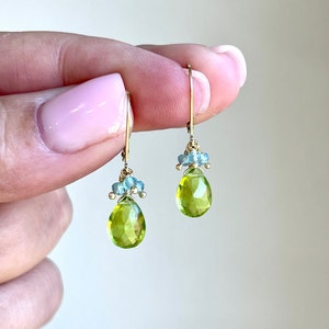 Peridot and Aquamarine Earrings, Lime Green and Blue Minimalist Teardrop Earrings Gold or Silver, August Birthstone, Summer Drops Mom Gift