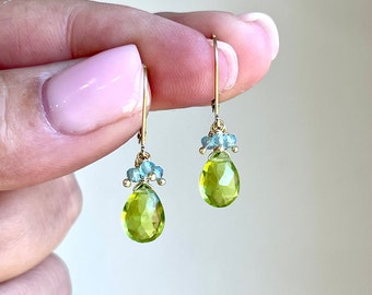 Peridot and Aquamarine Earrings, Lime Green and Blue Minimalist Teardrop Earrings Gold or Silver, August Birthstone, Summer Drops Mom Gift