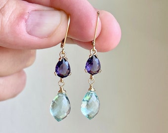 Amethyst and Prasiolite Earrings, Purple and Sage Green Statement Earrings in Gold, February Birthstone, Green Amethyst Earrings for women