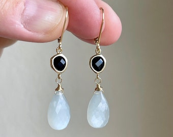 Onyx and Gray Moonstone Earrings, Black and Gray Teardrop Statement Earrings in Gold or Silver, June Birthstone Fall Jewelry, Gift for her