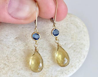 Yellow Topaz and Sapphire Earrings, Yellow and Navy Blue Drop Earrings in Gold or Silver, Elegant Topaz Jewelry, Holiday Gift for her