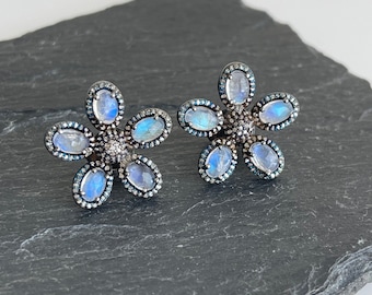 Rainbow Moonstone and Diamond Flower Earrings, June Birthstone, Moonstone Stud Floral Posts with Pave Diamond in Oxidized Silver, Mom Gift