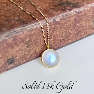 Rainbow Moonstone Necklace, Solid 14k Gold Pendant, June Birthstone, Real Gold Moonstone Jewelry , Birthday gift for her, Mother's Day Gift