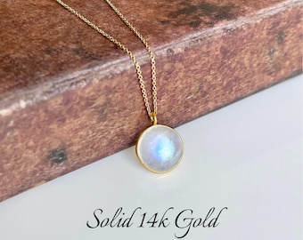 Rainbow Moonstone Necklace, Solid 14k Gold Pendant, June Birthstone, Real Gold Moonstone Jewelry , Birthday gift for her, Mother's Day Gift