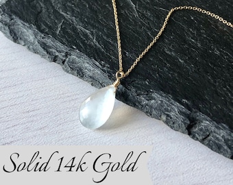 White Moonstone Necklace, June Birthstone, Moonstone Teardrop Pendant, Solid 14k Gold Jewelry, Small Gemstone Pendant, Gold Gift for women