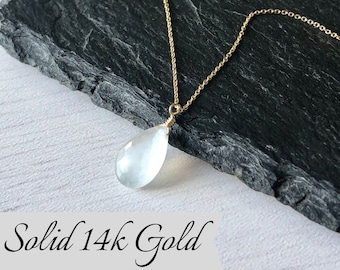 White Moonstone Necklace, June Birthstone, Moonstone Teardrop Pendant, Solid 14k Gold Jewelry, Small Gemstone Pendant, Gold Gift for women