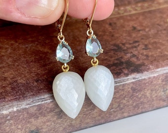 White Moonstone and Aquamarine Earrings, June Birthstone, White and Blue Earrings Drops in Gold, Wedding Jewelry, Holiday Gift for her
