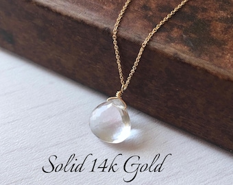 White Topaz Necklace, Clear Teardrop Pendant, Solid 14k Gold Necklace, April Birthstone, Dainty Gemstone Jewelry, Minimalist Layering Gift
