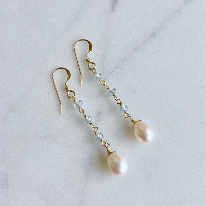 Pearl and Aquamarine Earrings, White and Blue Dangle Drops, Elegant Pearl Beaded Earrings Gold or Silver, June Birthstone, Gift for women image 9