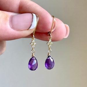 Amethyst Earrings, February Birthstone, Purple Teardrop Dangle Earrings, Minimalist Earrings Gold or Silver, Dainty Jewelry Gift under 50