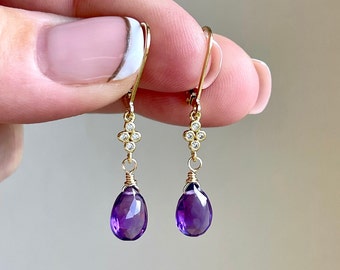 Amethyst Earrings, February Birthstone, Purple Teardrop Dangle Earrings, Minimalist Earrings Gold or Silver, Dainty Jewelry Gift under 50